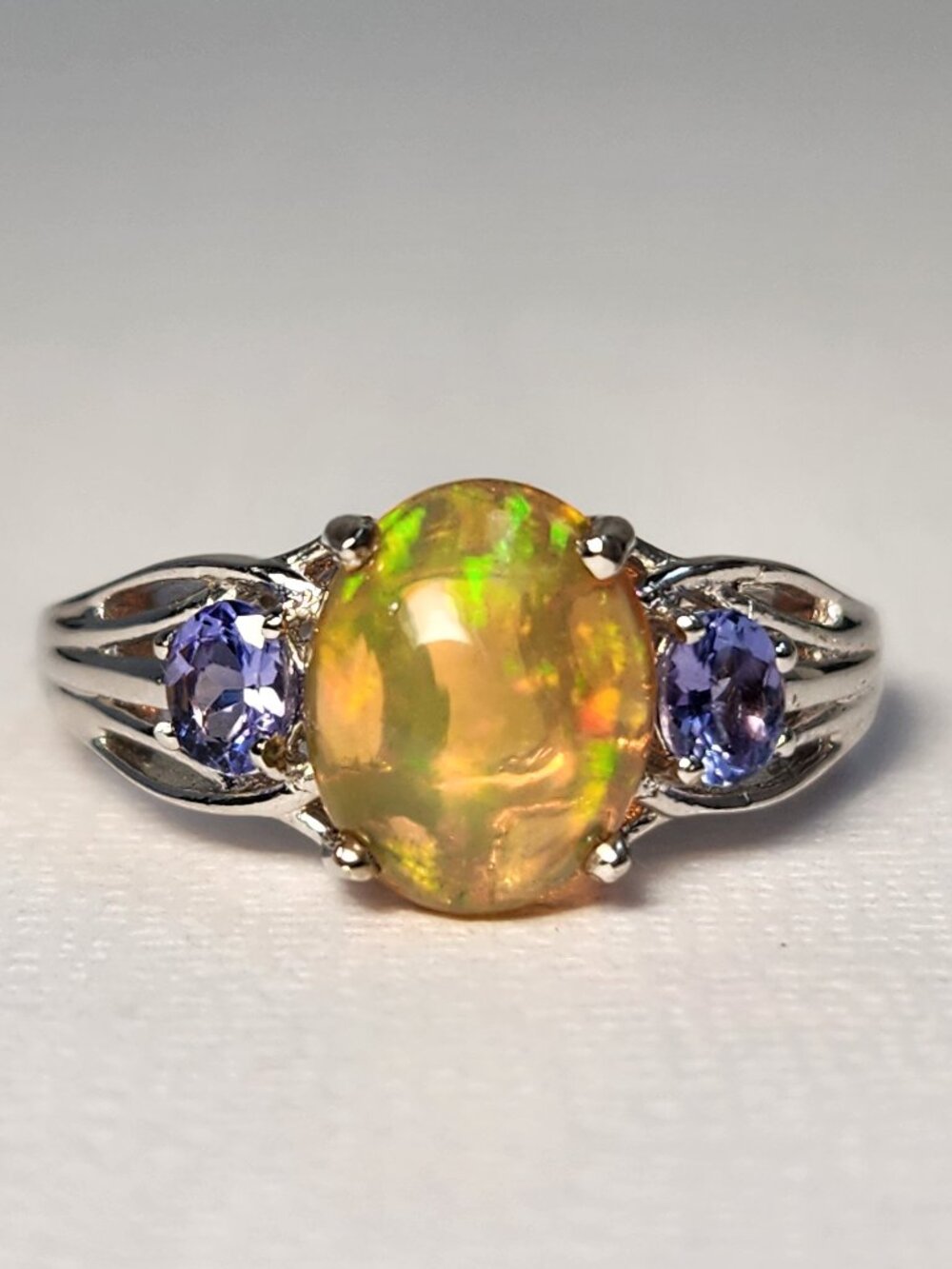 VTG Natural Fire Opal & Tanzanite WG/925 Statement Ring Sz 7 Signed!